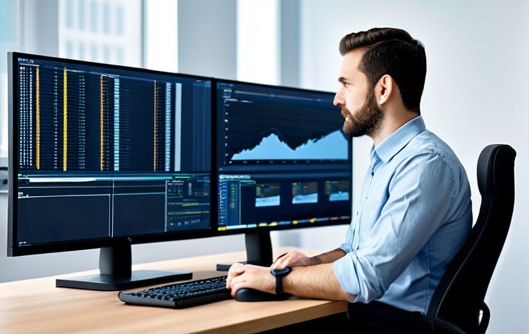A professional male system administrator, in his late 30s, wearing a modest button-up shirt and dark trousers, sitting comfortably at a spacious modern desk. His gaze is focused on multiple large monitors in front of him, which display complex graphical dashboards, scrolling lines of code from system logs, and real-time data visualizations. The office environment is clean and well-lit, suggesting a high-tech control center with subtle background elements like server racks in soft focus. The scene conveys a sense of expertise, calm control, and deep problem-solving. perfect anatomy, correct proportions, well-formed hands, proper finger count, natural pose, natural body proportions, professional photography, high quality, fully clothed, modest clothing, appropriate attire, professional dress, safe for work, appropriate content, professional.