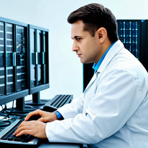 Home 24 **
"A professional IT technician in a modest and clean lab coat, working at a computer station with multiple monitors displaying virtualization software interfaces. The background shows server racks and networking equipment. Fully clothed, appropriate attire, safe for work, perfect anatomy, natural proportions, professional, modern, well-lit environment."
**