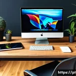 Home 15 macOS에서 네트워크 속도 최적화 - A modern home office setup featuring a sleek MacBook on a wooden desk, displaying macOS network sett...